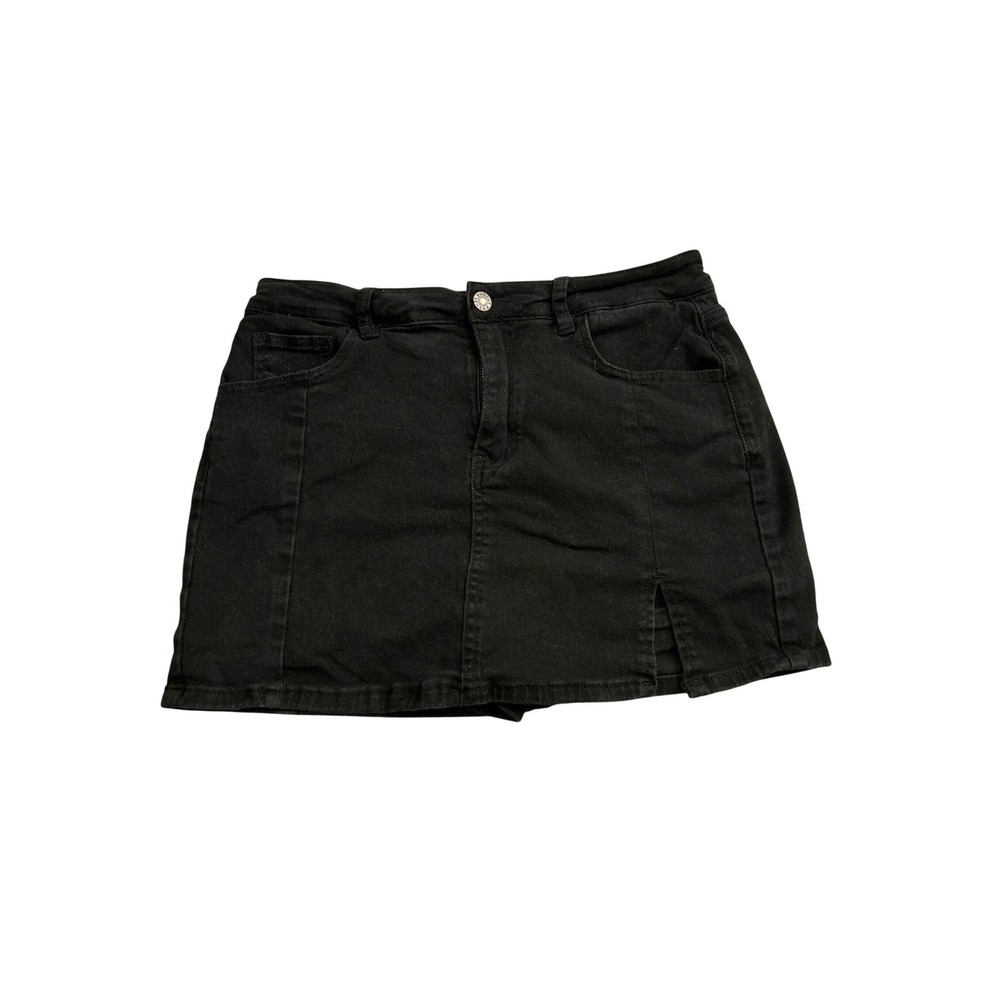 Vintage Sexy Denim Mini Skirt Womens Large Black Excellent Front Slit 5-Pocket